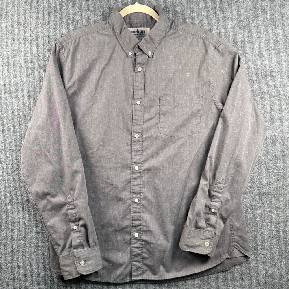 Urban Pipeline Mens XL Gray Geometric Button Down Shirt Long Sleeve Collar